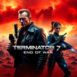 A striking concept poster for 'Terminator 7: End of War' (2025) featuring fiery red-orange hues symbolizing destruction alongside cold silver tones representing futuristic technology
