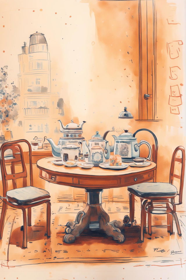 A detailed, hand-drawn sketch of an afternoon tea setting in a quaint cafe, inspired by Wes Anderson's unique style