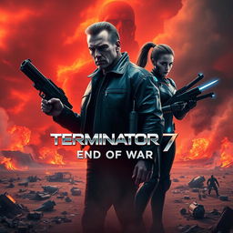 A striking concept poster for 'Terminator 7: End of War' (2025) featuring fiery red-orange hues symbolizing destruction alongside cold silver tones representing futuristic technology