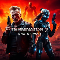 A striking concept poster for 'Terminator 7: End of War' (2025) featuring fiery red-orange hues symbolizing destruction alongside cold silver tones representing futuristic technology