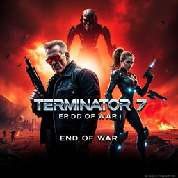 A striking concept poster for 'Terminator 7: End of War' (2025) featuring fiery red-orange hues symbolizing destruction alongside cold silver tones representing futuristic technology