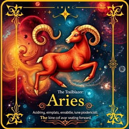 Create a vibrant Aries zodiac tarot card featuring an artistic representation of the Aries symbol, which is a ram, prominently displayed