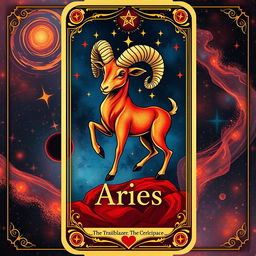 Create a vibrant Aries zodiac tarot card featuring an artistic representation of the Aries symbol, which is a ram, prominently displayed