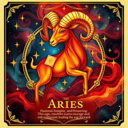 Create a vibrant Aries zodiac tarot card featuring an artistic representation of the Aries symbol, which is a ram, prominently displayed