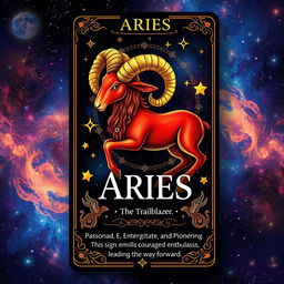 Create a vibrant Aries zodiac tarot card featuring an artistic representation of the Aries symbol, which is a ram, prominently displayed