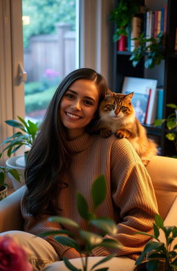 A woman in a cozy room with soft lighting, sitting on a comfortable chair, smiling gently as she has a fluffy cat perched on her shoulder