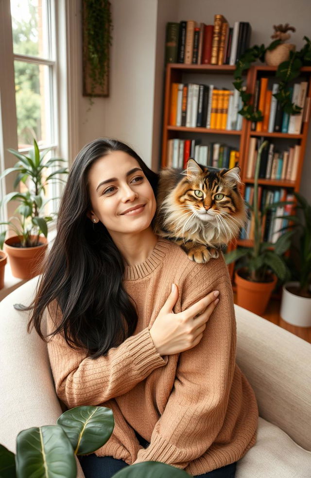 A woman in a cozy room with soft lighting, sitting on a comfortable chair, smiling gently as she has a fluffy cat perched on her shoulder