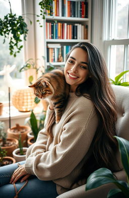 A woman in a cozy room with soft lighting, sitting on a comfortable chair, smiling gently as she has a fluffy cat perched on her shoulder