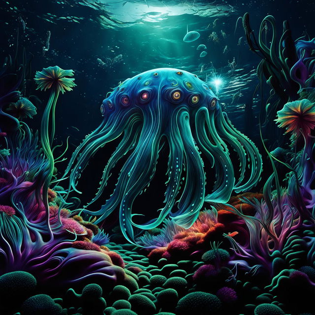 This high-quality digital art captures an otherworldly creature living in an alien ocean