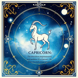 An artistic zodiac card featuring the Capricorn sign, symbolized by a goat with a fish tail, elegantly designed with intricate celestial patterns