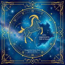 An artistic zodiac card featuring the Capricorn sign, symbolized by a goat with a fish tail, elegantly designed with intricate celestial patterns