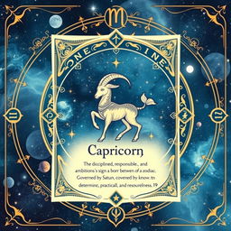 An artistic zodiac card featuring the Capricorn sign, symbolized by a goat with a fish tail, elegantly designed with intricate celestial patterns