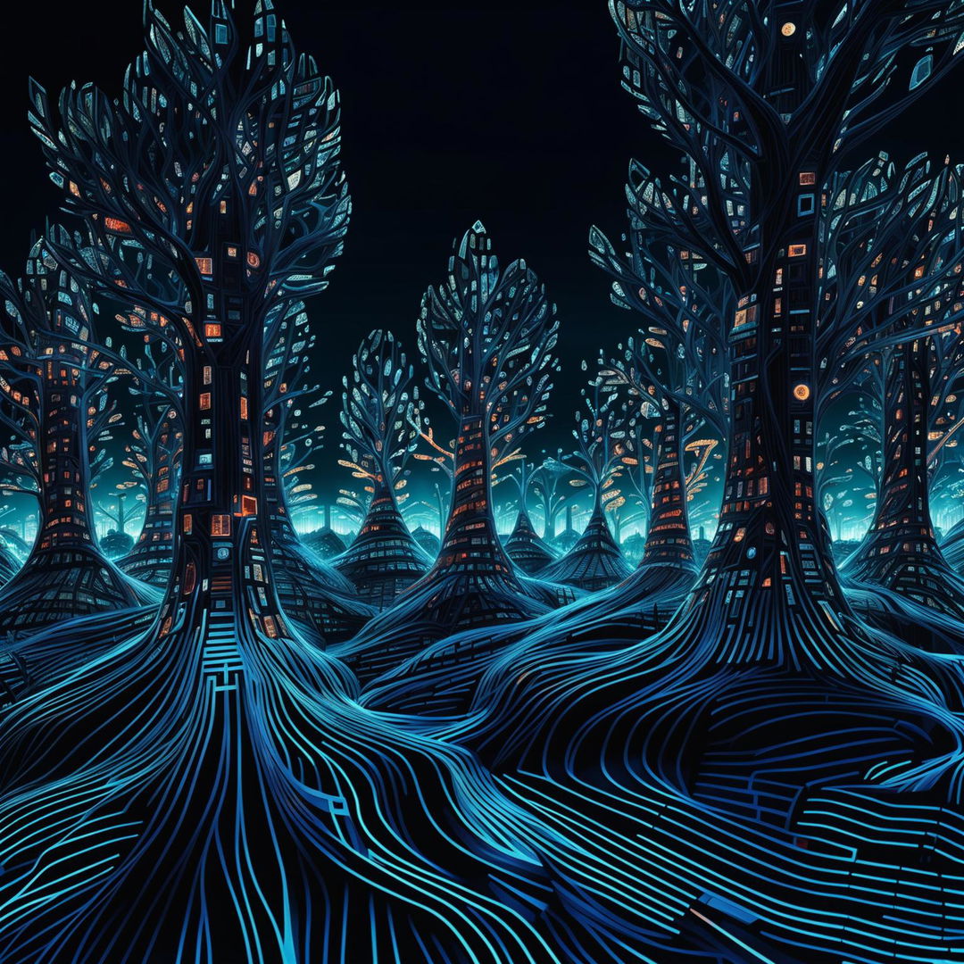 A high-quality digital art image of a cybernetic forest, where the trees are made of glowing circuitry and data streams