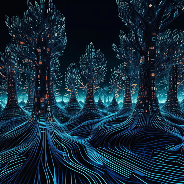 A high-quality digital art image of a cybernetic forest, where the trees are made of glowing circuitry and data streams