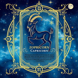 An artistic zodiac card featuring the Capricorn sign, symbolized by a goat with a fish tail, elegantly designed with intricate celestial patterns