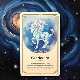 An artistic zodiac card depicting the Capricorn sign, featuring a majestic goat with a fish tail, set against a breathtaking universe-themed background