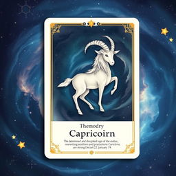 An artistic zodiac card depicting the Capricorn sign, featuring a majestic goat with a fish tail, set against a breathtaking universe-themed background
