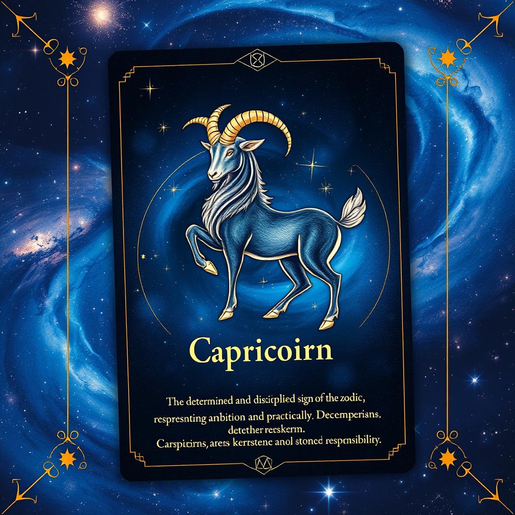 An artistic zodiac card depicting the Capricorn sign, featuring a majestic goat with a fish tail, set against a breathtaking universe-themed background