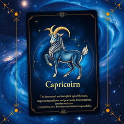 An artistic zodiac card depicting the Capricorn sign, featuring a majestic goat with a fish tail, set against a breathtaking universe-themed background