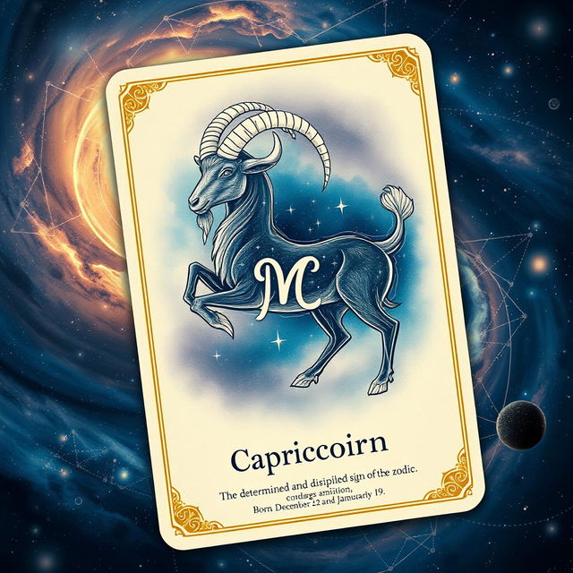 An artistic zodiac card depicting the Capricorn sign, featuring a majestic goat with a fish tail, set against a breathtaking universe-themed background