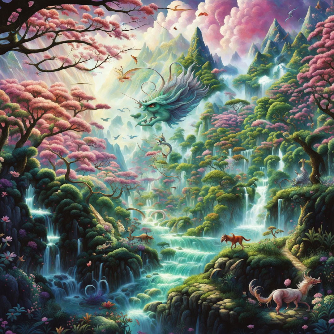 A high-quality digital art depicting a mystical realm inhabited by mythical creatures from various folklore, including a European dragon, a Japanese Kitsune, a Greek Centaur, and a Chinese Qilin