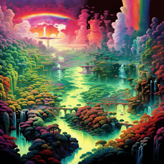 A high-quality digital art of a surreal dreamscape featuring floating islands amidst a rainbow-colored sky