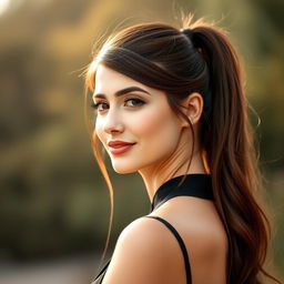 A graceful 20-year-old woman with a stylish ponytail showcasing her brown hair color, standing confidently in a natural setting