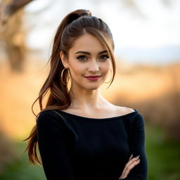 A graceful 20-year-old woman with a stylish ponytail showcasing her brown hair color, standing confidently in a natural setting