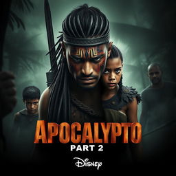 An epic and dramatic movie poster for "Apocalypto Part 2 (2025)" featuring a fierce male warrior at the center, adorned with intricate tribal face paint and piercing cold blue eyes