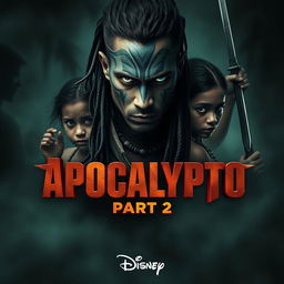 An epic and dramatic movie poster for "Apocalypto Part 2 (2025)" featuring a fierce male warrior at the center, adorned with intricate tribal face paint and piercing cold blue eyes