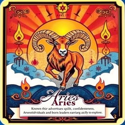 A beautifully crafted zodiac Aries tarot card featuring vibrant and dynamic illustrations