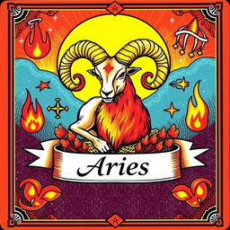 A beautifully crafted zodiac Aries tarot card featuring vibrant and dynamic illustrations