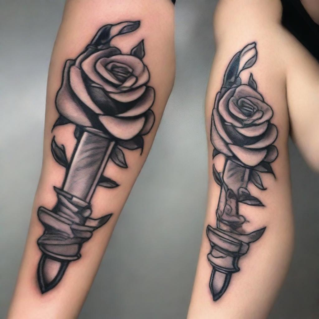 A high-quality, detailed image of a tattoo design featuring a sharp, intricately detailed dagger piercing through a lush, blooming rose