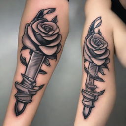 A high-quality, detailed image of a tattoo design featuring a sharp, intricately detailed dagger piercing through a lush, blooming rose