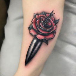 A high-quality, detailed image of a tattoo design featuring a sharp, intricately detailed dagger piercing through a lush, blooming rose