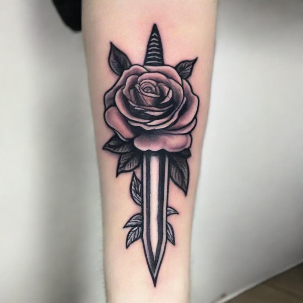 A high-quality, detailed image of a tattoo design featuring a sharp, intricately detailed dagger piercing through a lush, blooming rose