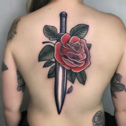 A high-quality, detailed image of a tattoo design featuring a sharp, intricately detailed dagger piercing through a lush, blooming rose