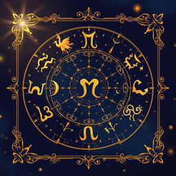 A beautiful and intricate golden zodiac card showcasing the twelve zodiac symbols, artistically arranged in a celestial pattern