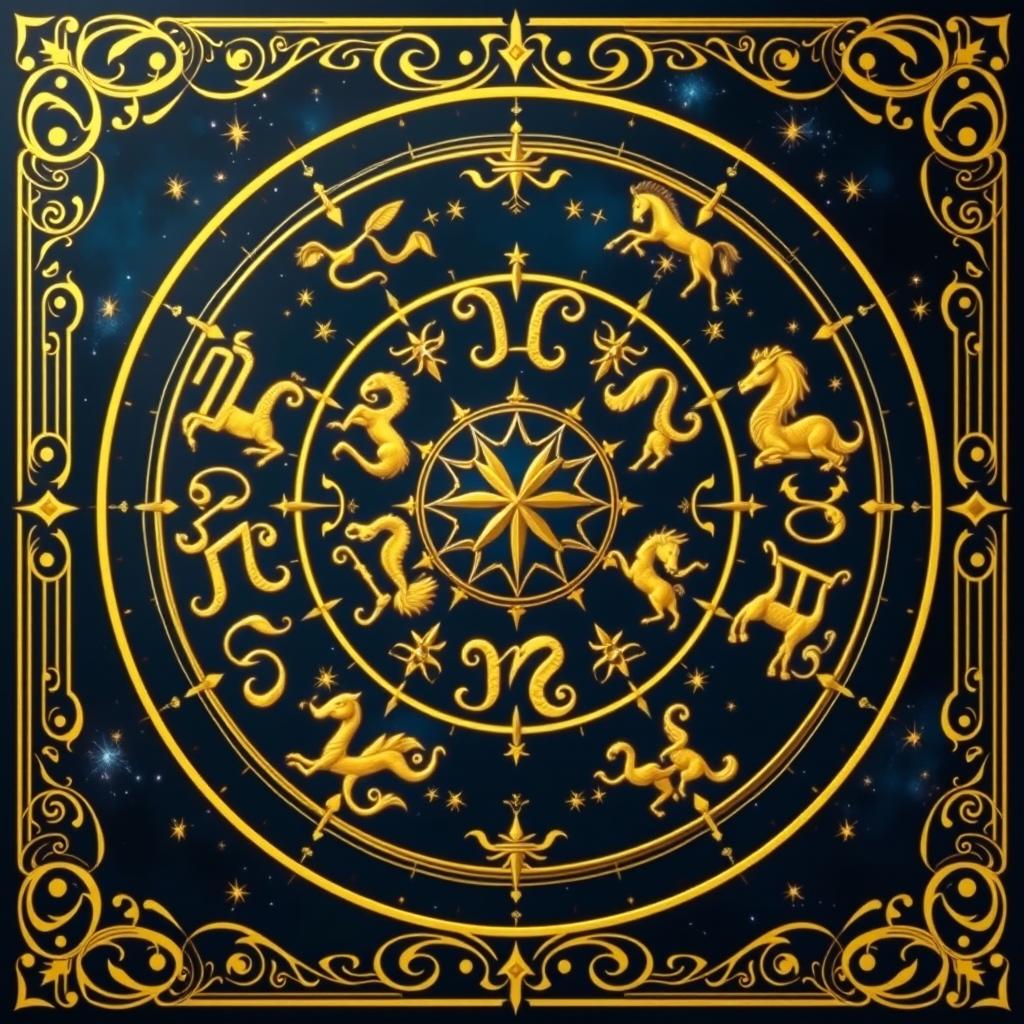 A beautiful and intricate golden zodiac card showcasing the twelve zodiac symbols, artistically arranged in a celestial pattern