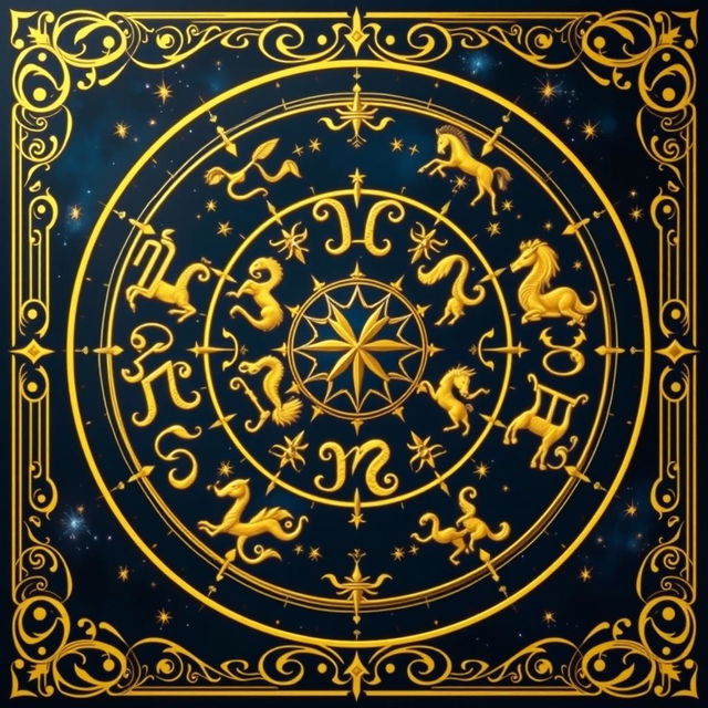 A beautiful and intricate golden zodiac card showcasing the twelve zodiac symbols, artistically arranged in a celestial pattern