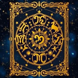 A beautiful and intricate golden zodiac card showcasing the twelve zodiac symbols, artistically arranged in a celestial pattern