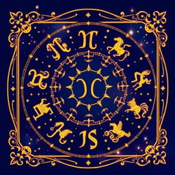 A beautiful and intricate golden zodiac card showcasing the twelve zodiac symbols, artistically arranged in a celestial pattern