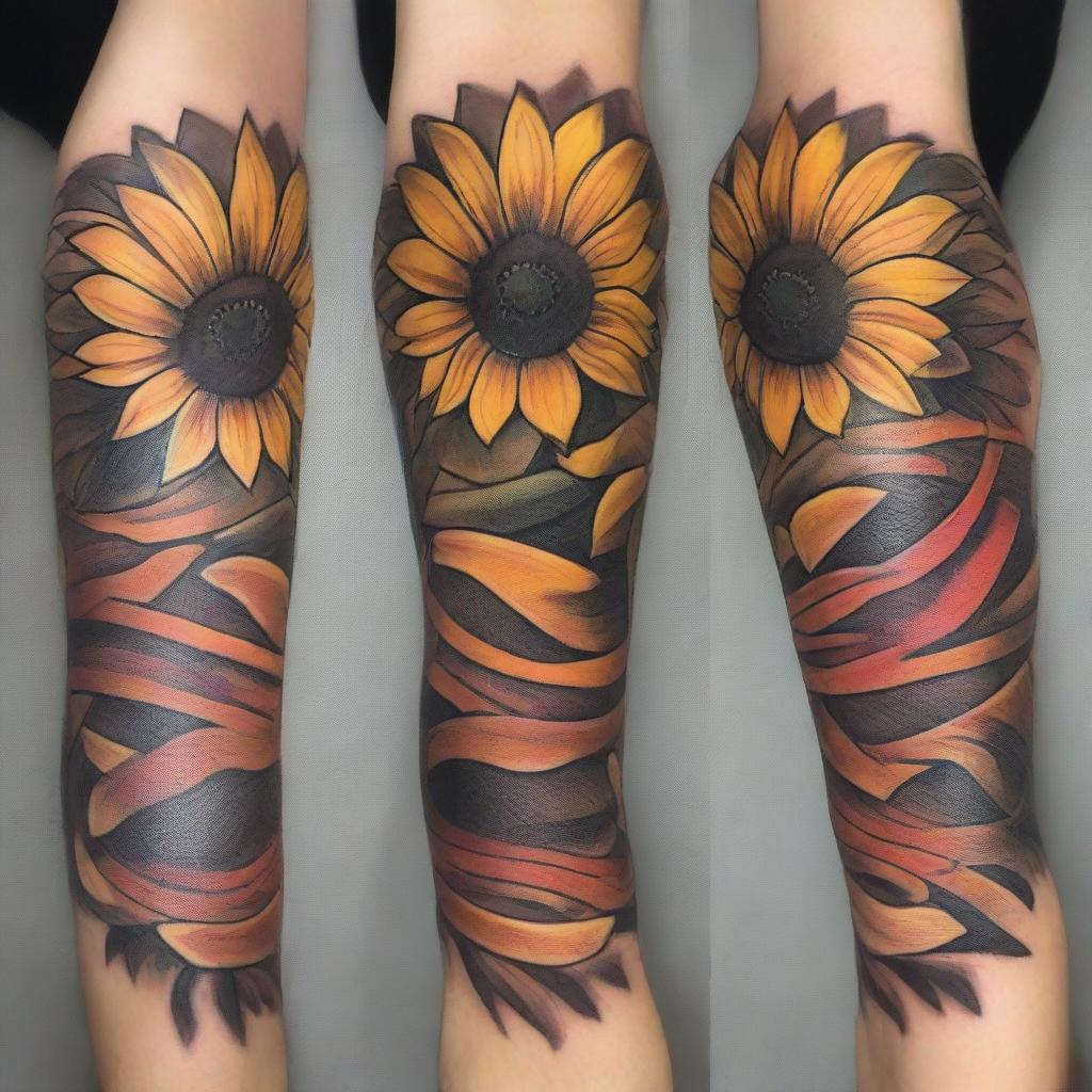 An intricate, high-quality tattoo design showcasing a vibrant sunflower in full bloom, its petals radiating warmth and vitality