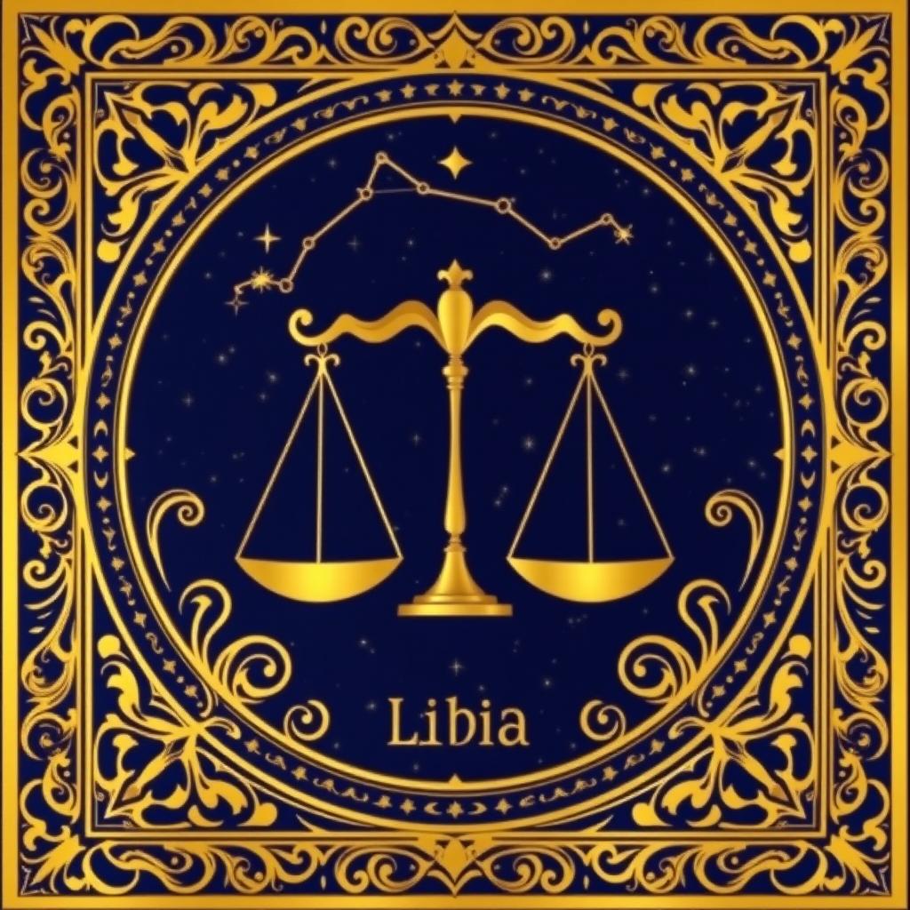 A luxurious golden zodiac card featuring the Libra sign, showcasing an elegant balance scale symbol