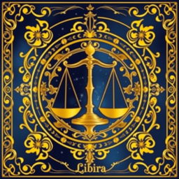 A luxurious golden zodiac card featuring the Libra sign, showcasing an elegant balance scale symbol