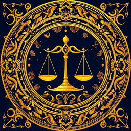 A luxurious golden zodiac card featuring the Libra sign, showcasing an elegant balance scale symbol