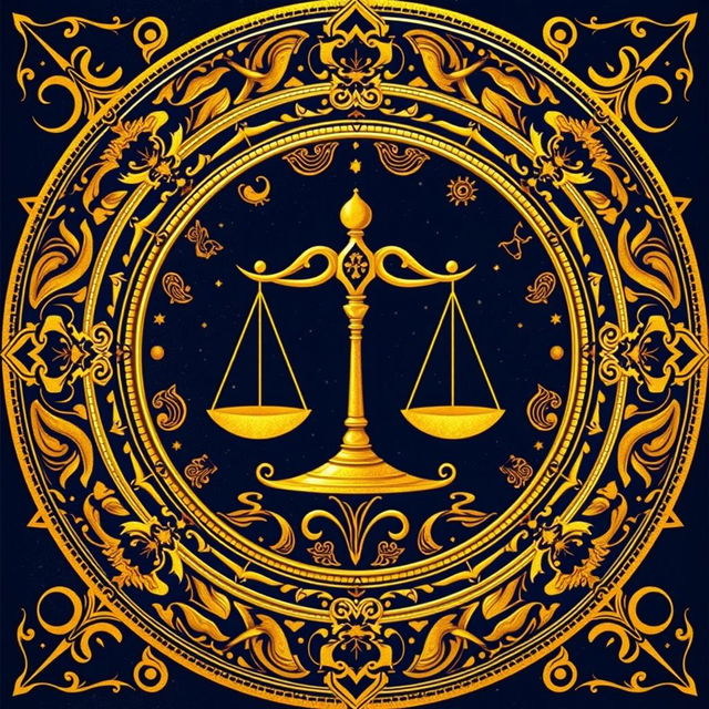 A luxurious golden zodiac card featuring the Libra sign, showcasing an elegant balance scale symbol