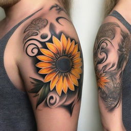 An intricate, high-quality tattoo design showcasing a vibrant sunflower in full bloom, its petals radiating warmth and vitality