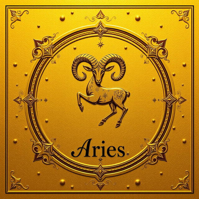 A beautifully designed golden zodiac card specifically for the Aries sign, featuring intricate astrological symbols and patterns