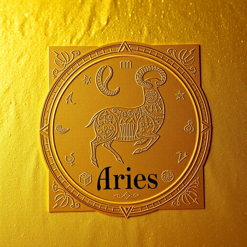 A beautifully designed golden zodiac card specifically for the Aries sign, featuring intricate astrological symbols and patterns